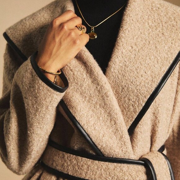 Camel Elegant Women's Skater Overcoat with Contrast Faux Leather Piping - Picture 3 of 9